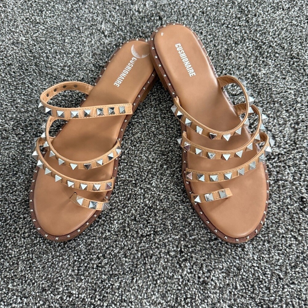 Cushionaire Tonya Slide Sandals Womens 9.5 Tan/Camel Studded Triple Strap